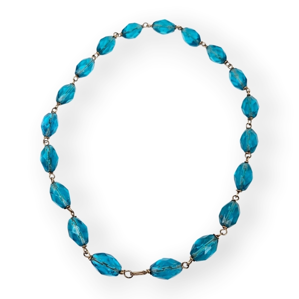 Art Deco Czech Glass Necklaces Turquoise Blue Beaded Chain Wire Link Vtg 16.5" - Picture 5 of 8